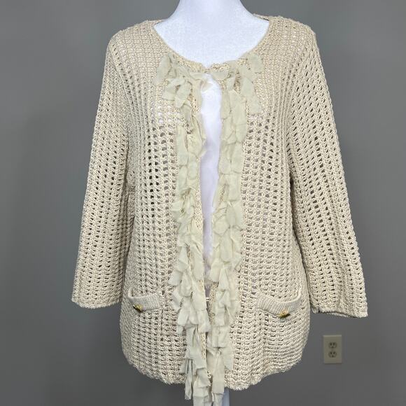 Chicos Size 2 Large Brown Hook Eye Loose Knit Cardigan Sweater 3/4 Sleeve - Picture 1 of 6